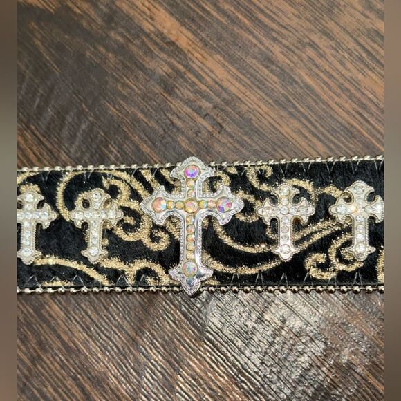 BHW Genuine Leather Cross Rhinestone Western Cowgirl Bling Belt Size large nwot main image 12